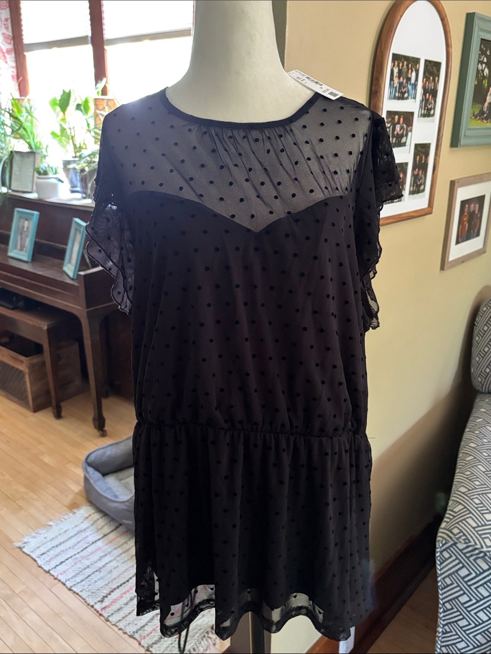 🆕 Addition Elle Black Sheer Dot Flutter Sleeve Blouse, Size 2X